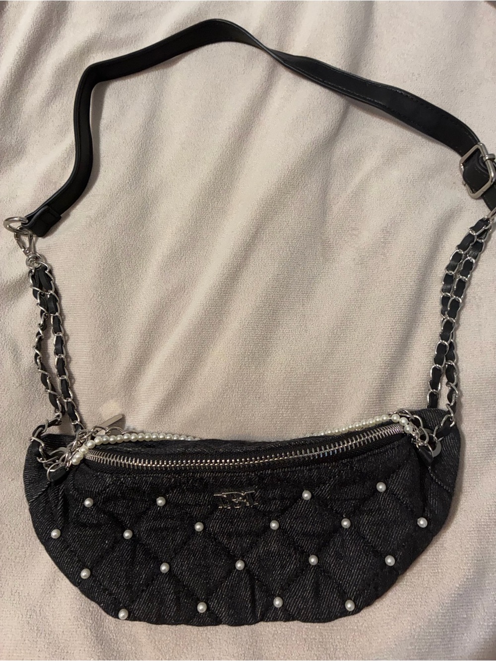 Black Quilted Pearl-Embellished Mini Crossbody Belt Bag